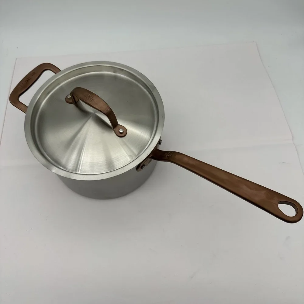 Made-In Cookware Italy 4 qt Stainless Saucepan Brushed Copper Handle W/Lid NEW